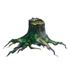 Fototapeta premium Picture of an old stump hand painted in watercolor on a white background. Watercolor realistic illustration. Tree cut trunk with green moss and grass.