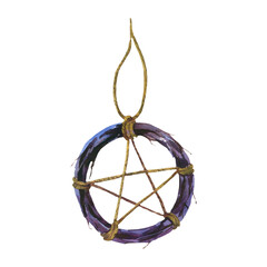 Pentagram symbol made of whip in circle of branches connected by threads. Witchcraft, Magic, Occult and esoteric concept. Hand drawn watercolor illustration isolated on white background