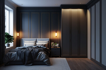 Fototapeta premium Modern bedroom interior with gray and dark wooden walls, wooden floor, master bed with two round nightstands with lamps and a wardrobe with clothes. AI