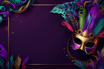 Mardi Gras mask, colorful poster, template, flyer with place for text. Mardi gras party design. Generative AI - obrazy, fototapety, plakaty