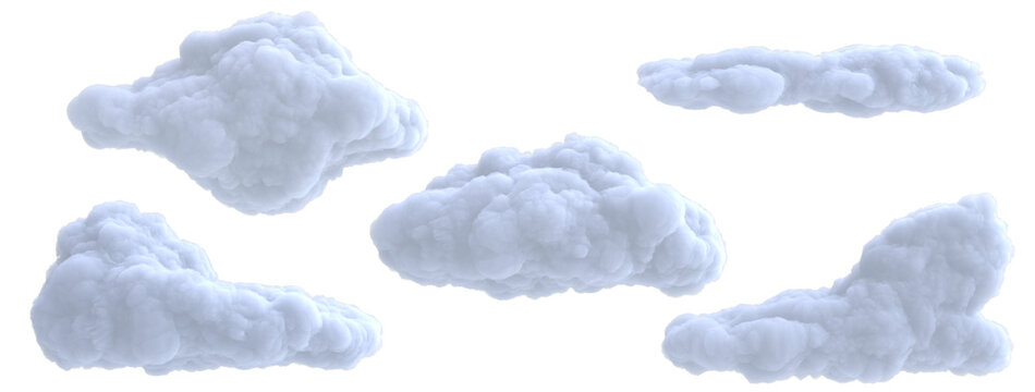Set realistic cartoon dense wtite cloud isolated on transparent background. Digital graphic element. Beautiful natural phenomenon. 3d render illustration.