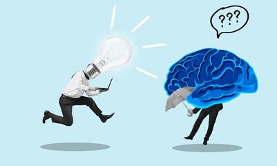 Persons with lamp and brain instead head