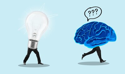 Persons with lamp and brain instead head