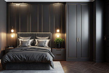 Modern bedroom interior with gray and dark wooden walls, wooden floor, master bed with two round nightstands with lamps and a wardrobe with clothes. AI
