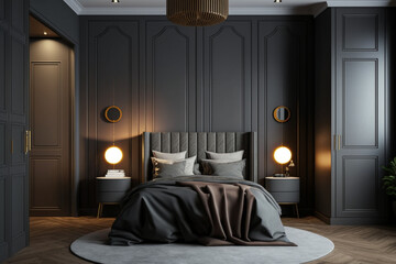 Modern bedroom interior with gray and dark wooden walls, wooden floor, master bed with two round nightstands with lamps and a wardrobe with clothes. AI