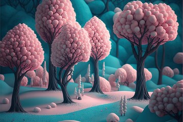  a painting of trees in a snowy landscape with blue and pink hues and white snow on the ground and the trees are covered in pink balls.  generative ai