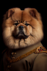 Chinese Chow Chow dog wearing military army uniform, service dog, creative headshot portrait. Generative AI