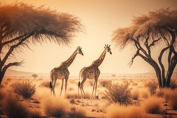 Fototapeta na wymiar two giraffes are standing in the desert with trees in the background and a sunset in the sky above them, with a few clouds in the sky. generative ai