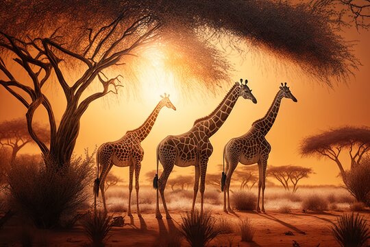  a painting of three giraffes standing in a desert area at sunset with trees and bushes in the foreground and a sun setting in the background.  generative ai