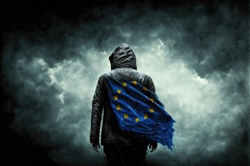 Back of person with European Union flag cape and storm clouds background