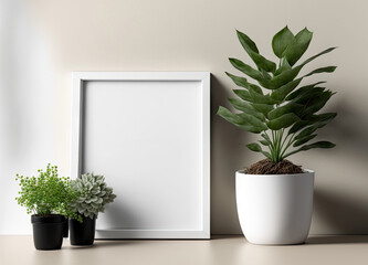 Plant and picture frame on a light beige wall. Elegant interior design. Mockup. Generative AI