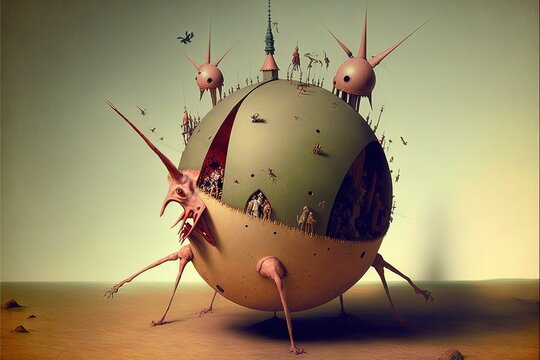 World with legs and people surrealism painting. Bosch style art.