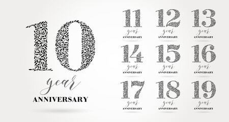 A set of logo designs from 10 to 19 years old. Number consists of a leaf pattern, no gradient fill. Anniversary logo design for holiday event, invitation, greeting, party, fashion, entertainment