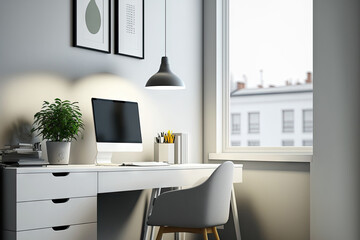 side view. Modern minimal bright office workspace with laptop mockup and table lamp on wooden desk against the window, office chair, modern white shelves and cabinet. , 3d illustration. Generative AI