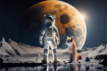  a cat sitting next to an astronaut on the moon next to a cat standing on the surface of the moon with a full moon in the background.  generative ai