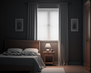 A nice, empty bedroom in an apartment is furnished with a wooden bed, a nightstand, and a window curtain. Generative AI