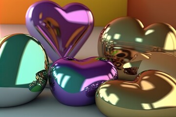  a group of shiny hearts sitting on top of a table next to each other on top of a white tablecloth covered tablecloth with a colorful background.  generative ai