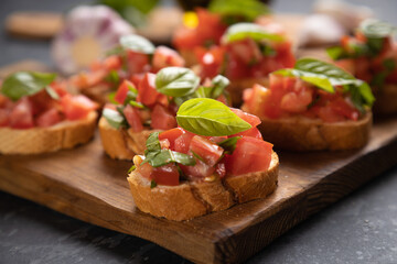 Italian bruschetta bread with tomato and basil