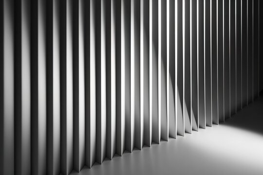  a black and white photo of a wall made of vertical blinds with a light coming through the middle of the room and the wall is made of vertical lines.  generative ai
