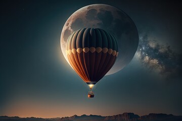  a hot air balloon flying in the sky with a full moon in the sky above it and mountains in the background, with a full moon in the sky.  generative ai