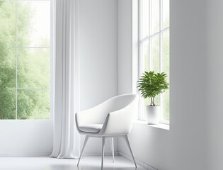 Plakat Model of a chic, white room with a chair and a view of a green environment. Scandinavian style in decorating. Generative AI