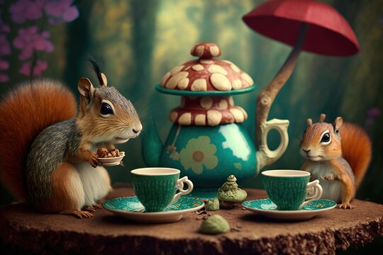  a painting of two squirrels eating food at a table with a teapot and a mushroom on top of the teacups and a mushroom on the table.  generative ai