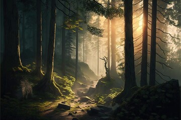  a path in a forest with a sun shining through the trees and rocks on the side of the path is a path that leads to a forest with rocks and trees on both sides.  generative ai