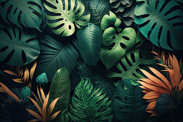 Lush tropical leaves background. Generative AI