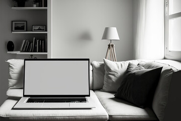 Fototapeta premium Mockup of a laptop with a blank screen in the living room, from the front. Generative AI