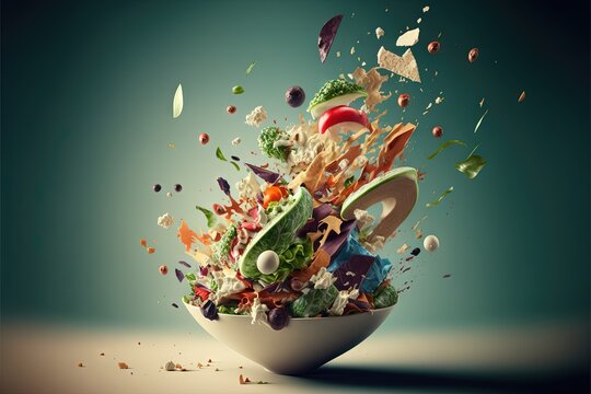  a large bowl of food that is falling into the air with a green background and a blue sky in the background with a few scattered objects.  generative ai