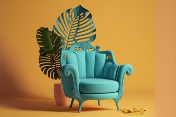  a blue chair sitting next to a potted plant on a yellow background with a palm leaf on the back of the chair and a pink vase with a yellow background.  generative ai