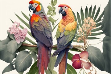  two colorful birds perched on a branch of a tree surrounded by tropical leaves and flowers on a white background with a black border around the edges.  generative ai