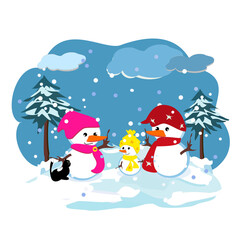 Snowmen family with black cat in the winter forest in flat cartoon style.