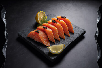 Slices of sashimi salmon on a slate. Generative AI - obrazy, fototapety, plakaty
