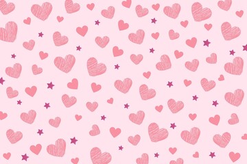 pink hearts and purple glitter little stars shapes decoration on pink ground. heart doodles on pink. love theme background, wallpaper, cover