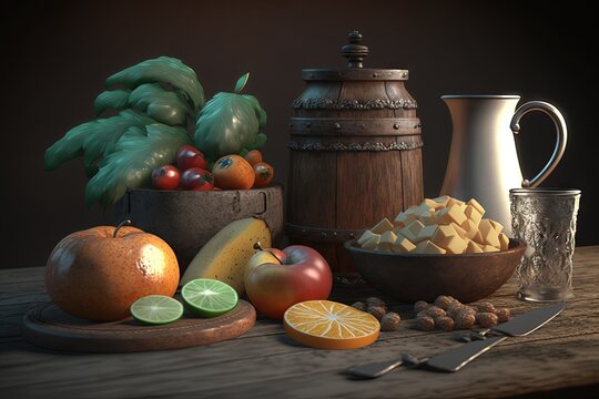  a still life of fruit, a pitcher, a glass, and a knife on a wooden table with a knife and a bowl of fruit.  generative ai