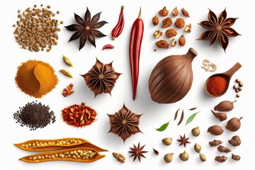  a variety of spices and nuts on a white background with a white background and a white background with a white background and a white background with a variety of spices.  generative ai