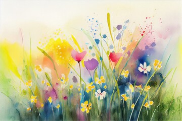 Watercolor of colorful spring flowers. Generative AI
