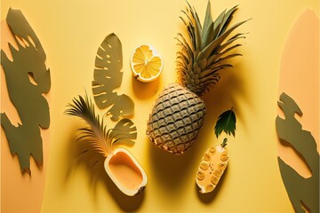  a pineapple, oranges, and other tropical fruits are arranged on a yellow background with shadow from the cutouts of the fruit.  generative ai