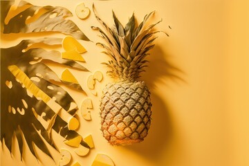  a pineapple and a banana on a yellow background with cut out numbers and a palm leaf on the left side of the frame, and a yellow background with a.  generative ai