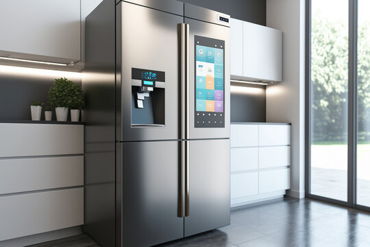 Modern kitchen with a fridge with a display for shopping. Generative AI