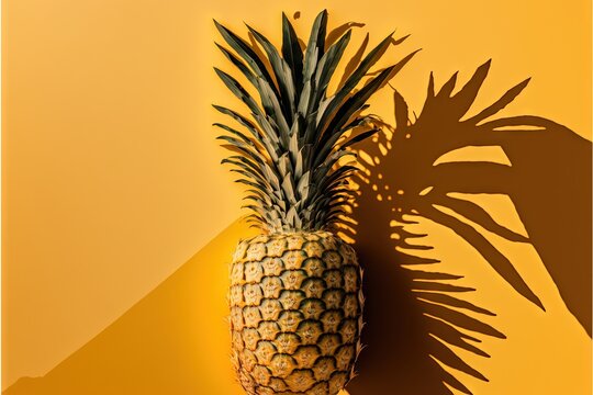  a pineapple on a yellow background with a shadow of a pineapple on the side of the image and a shadow of a pineapple on the wall.  generative ai
