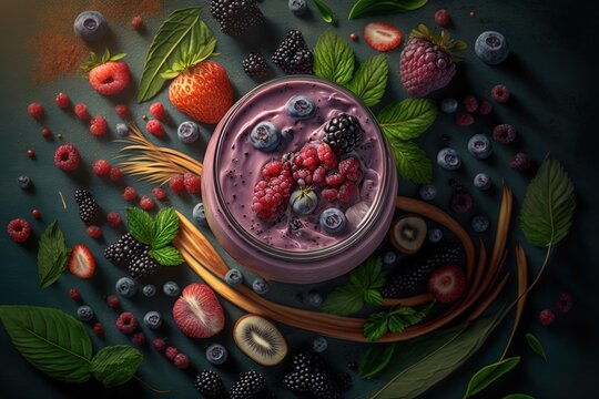  a painting of a smoothie with berries, raspberries, and mint leaves on a dark background with leaves and berries around it.  generative ai