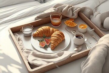 Fototapeta na wymiar a breakfast tray with a croissant, orange slices, and a cup of coffee on a bed with a blanket and a teddy bear. generative ai
