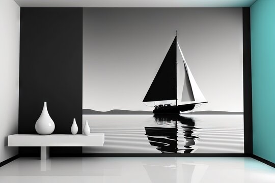  a black and white photo of a sailboat in the water and a vase on a table in the foreground, and a black and white wall in the background.  generative ai