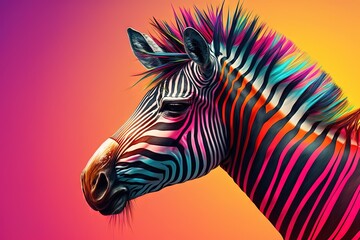  a colorful zebra is standing in front of a pink and yellow background with a pink and yellow background and a pink and yellow background with a red and blue stripe.  generative ai
