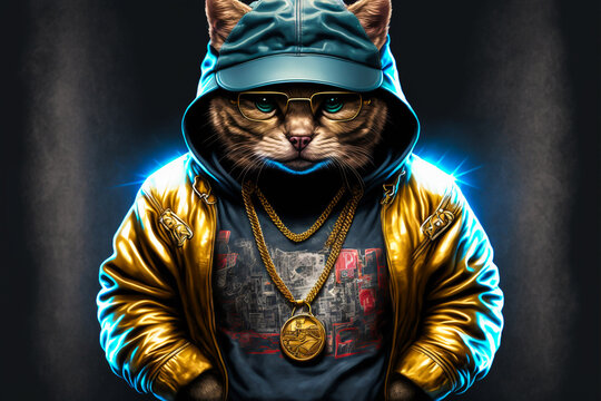 Portrait Of Cat Wearing In Streetwear. Animal Wears Hip Hop Street Fashion And 1980s Hip Hop Golden Age, Bling-Bling Concept. Made With Generative AI