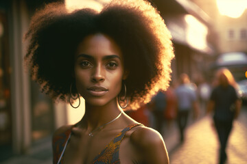 Retrato de una guapa chica negra con el pelo estilo afro, en la calle. Generado con IA