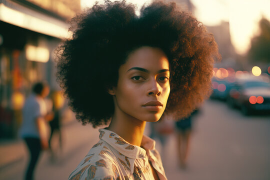 Retrato de una guapa chica negra con el pelo estilo afro, en la calle. Generado con IA