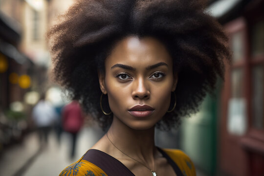 Retrato de una guapa chica negra con el pelo estilo afro, en la calle. Generado con IA